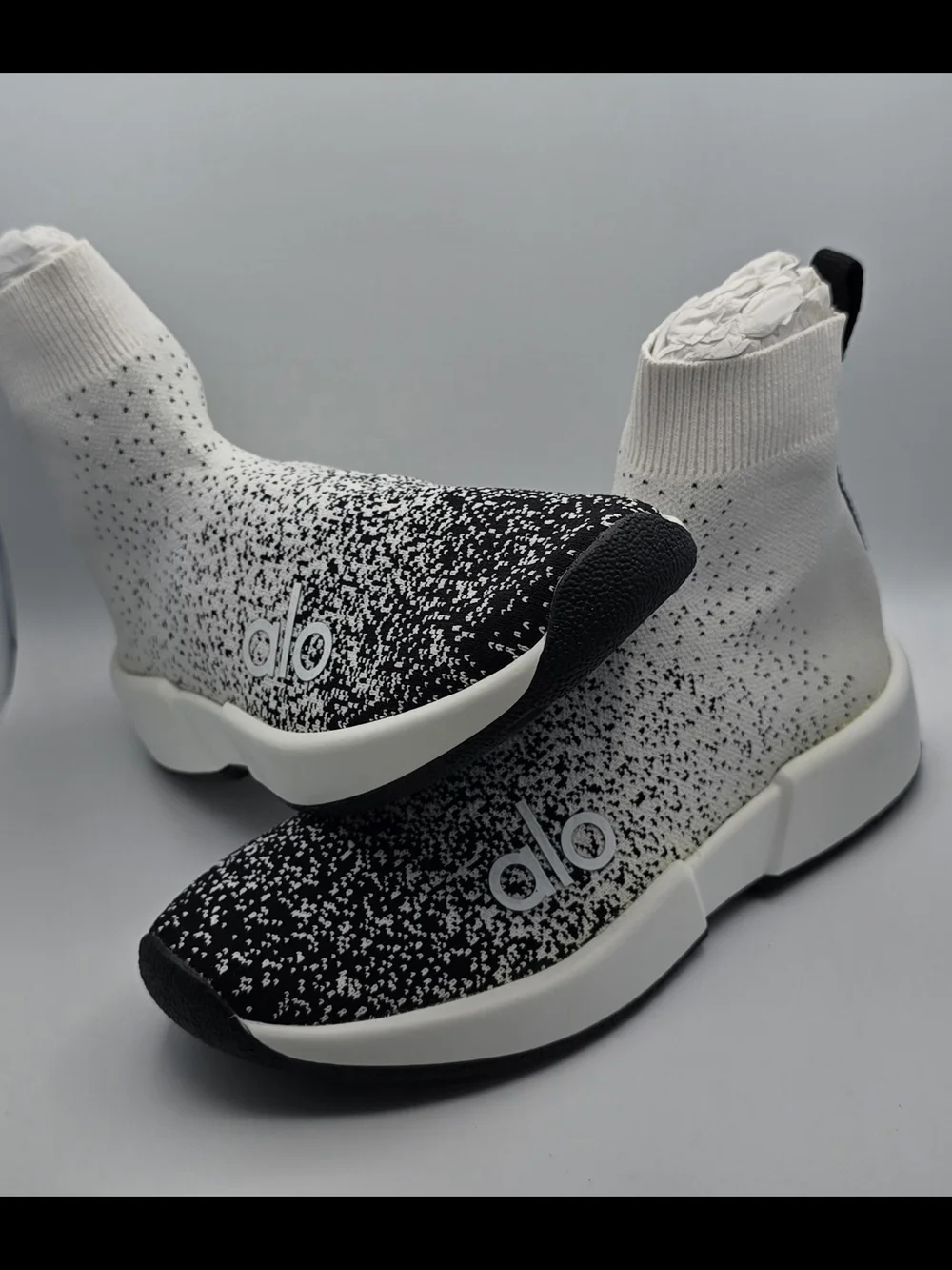 ALO Yoga Women's Sock-Style Sneakers in White and Black Speckle